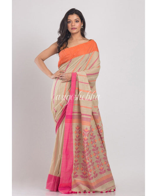 Women's Beige Handwoven Cotton Saree