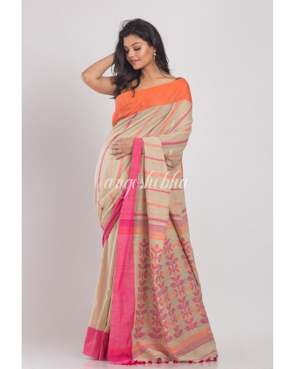 Women's Beige Handwoven Cotton Saree