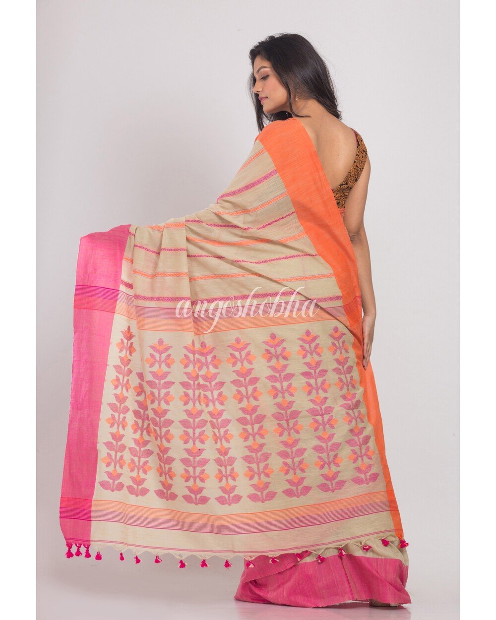 Women's Beige Handwoven Cotton Saree