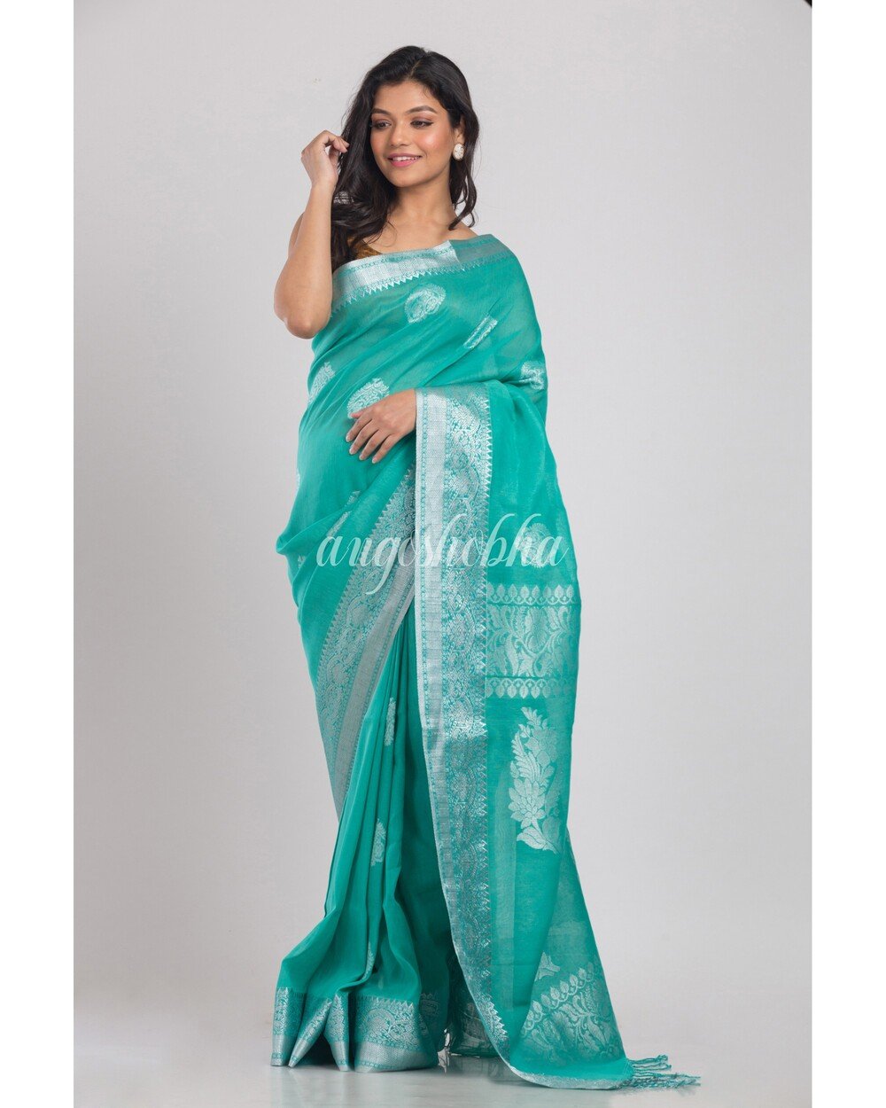 Women's Turquoise Handwoven Linen Saree