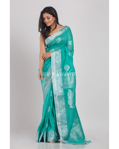 Women's Turquoise Handwoven Linen Saree