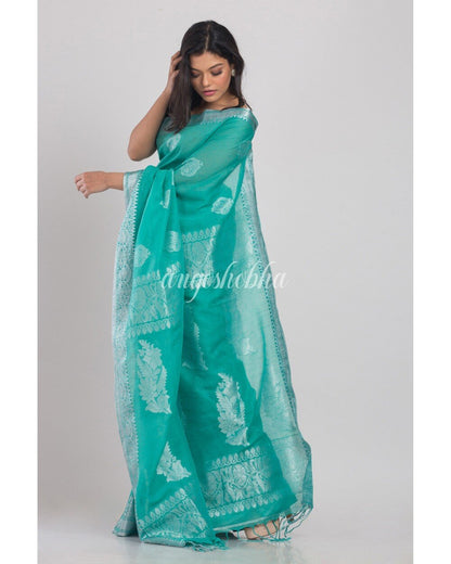 Women's Turquoise Handwoven Linen Saree