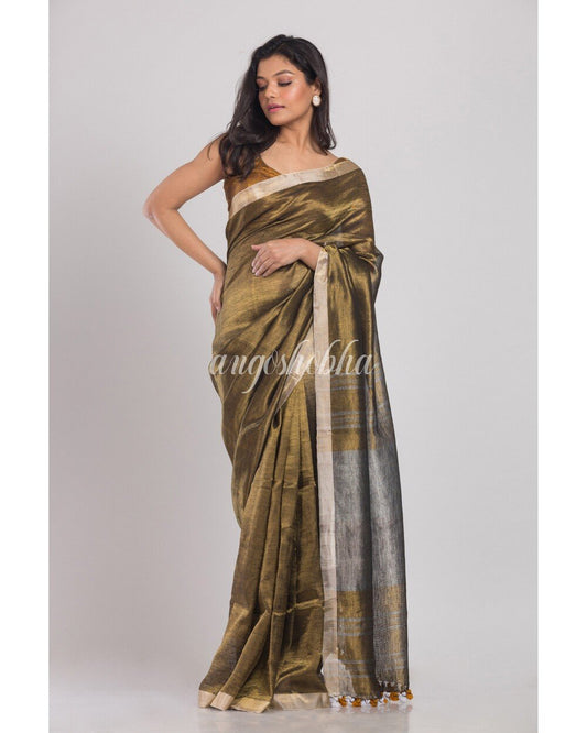 Women's Golden Handwoven Linen Tissue Saree