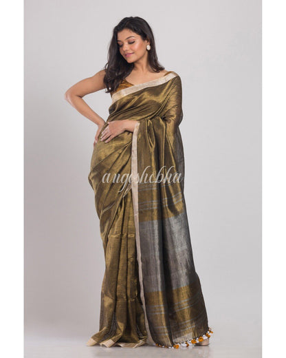 Women's Golden Handwoven Linen Tissue Saree