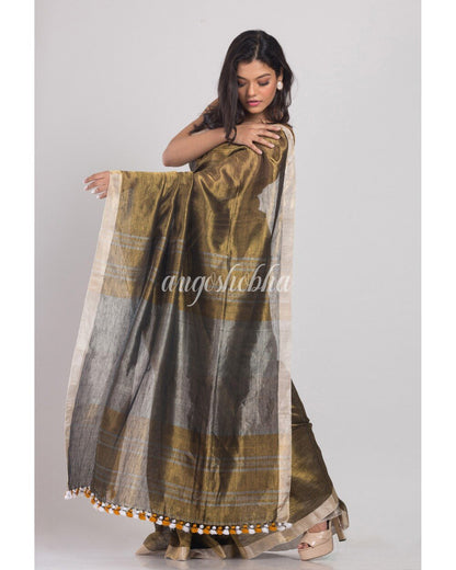 Women's Golden Handwoven Linen Tissue Saree