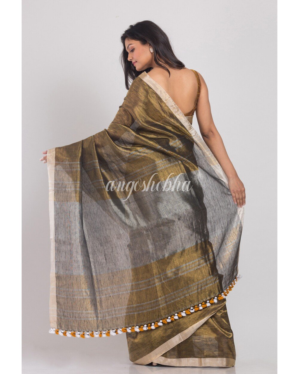 Women's Golden Handwoven Linen Tissue Saree