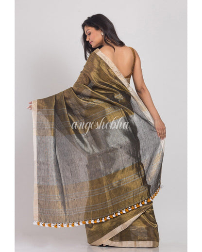 Women's Golden Handwoven Linen Tissue Saree