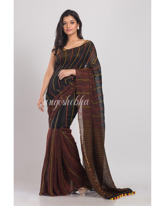 Women's Black Handwoven Linen Saree