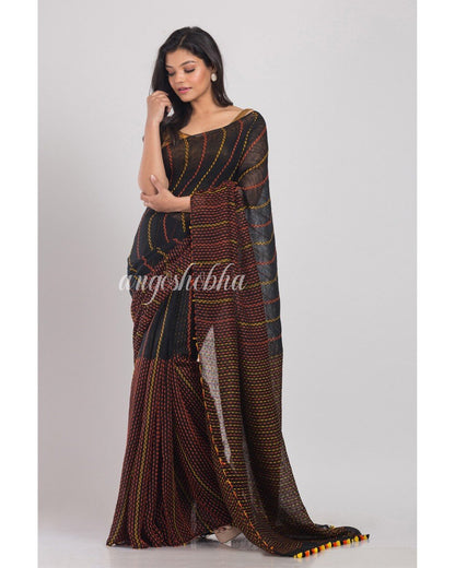 Women's Black Handwoven Linen Saree