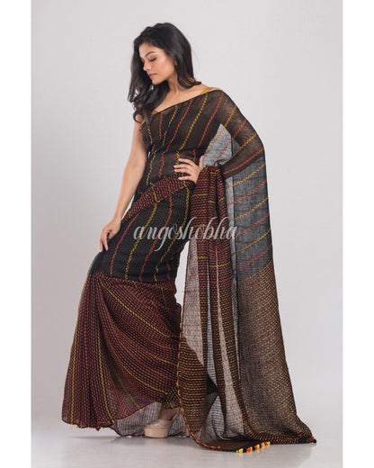 Women's Black Handwoven Linen Saree