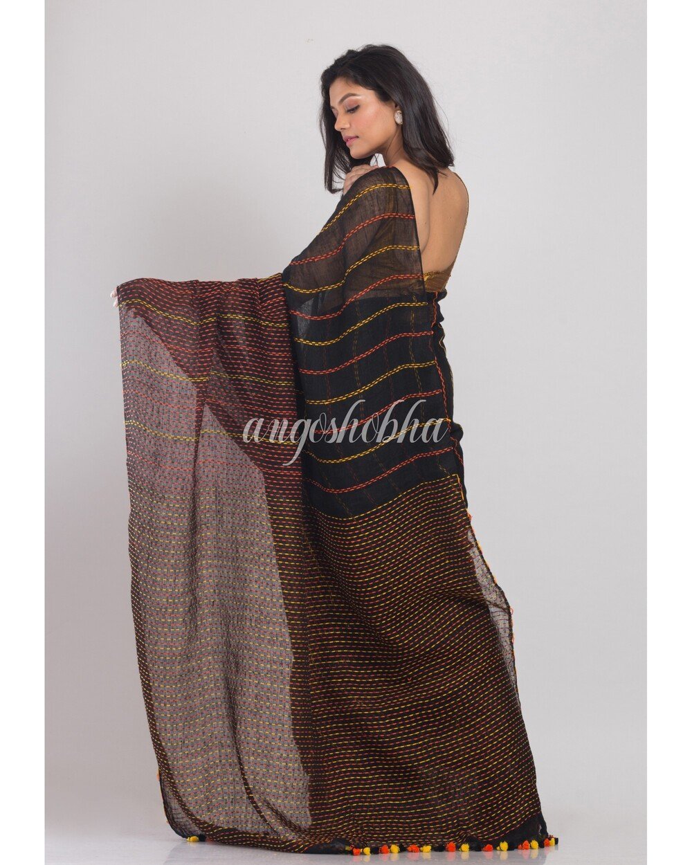 Women's Black Handwoven Linen Saree