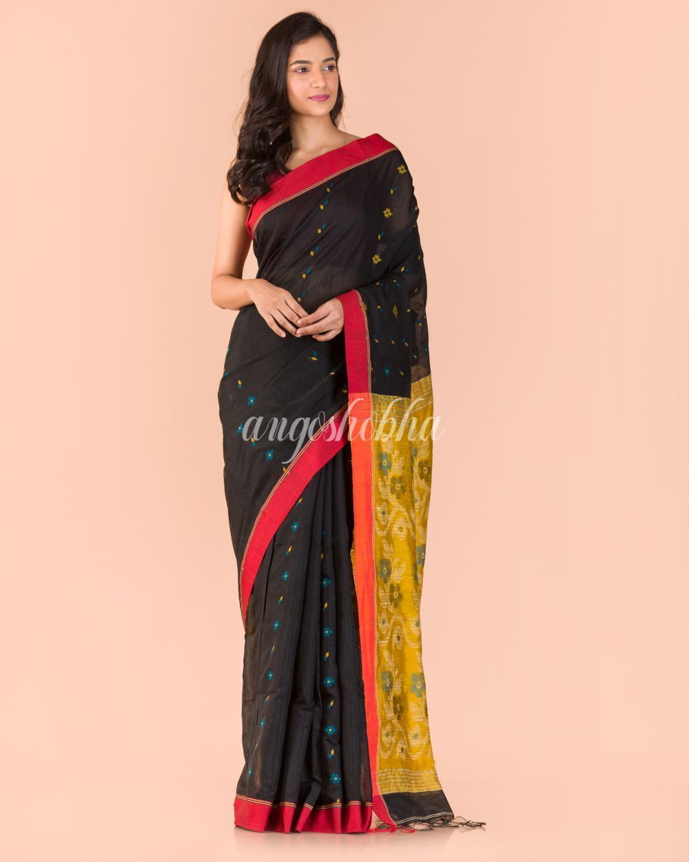 Women's Black Blended Cotton Jamdani Saree