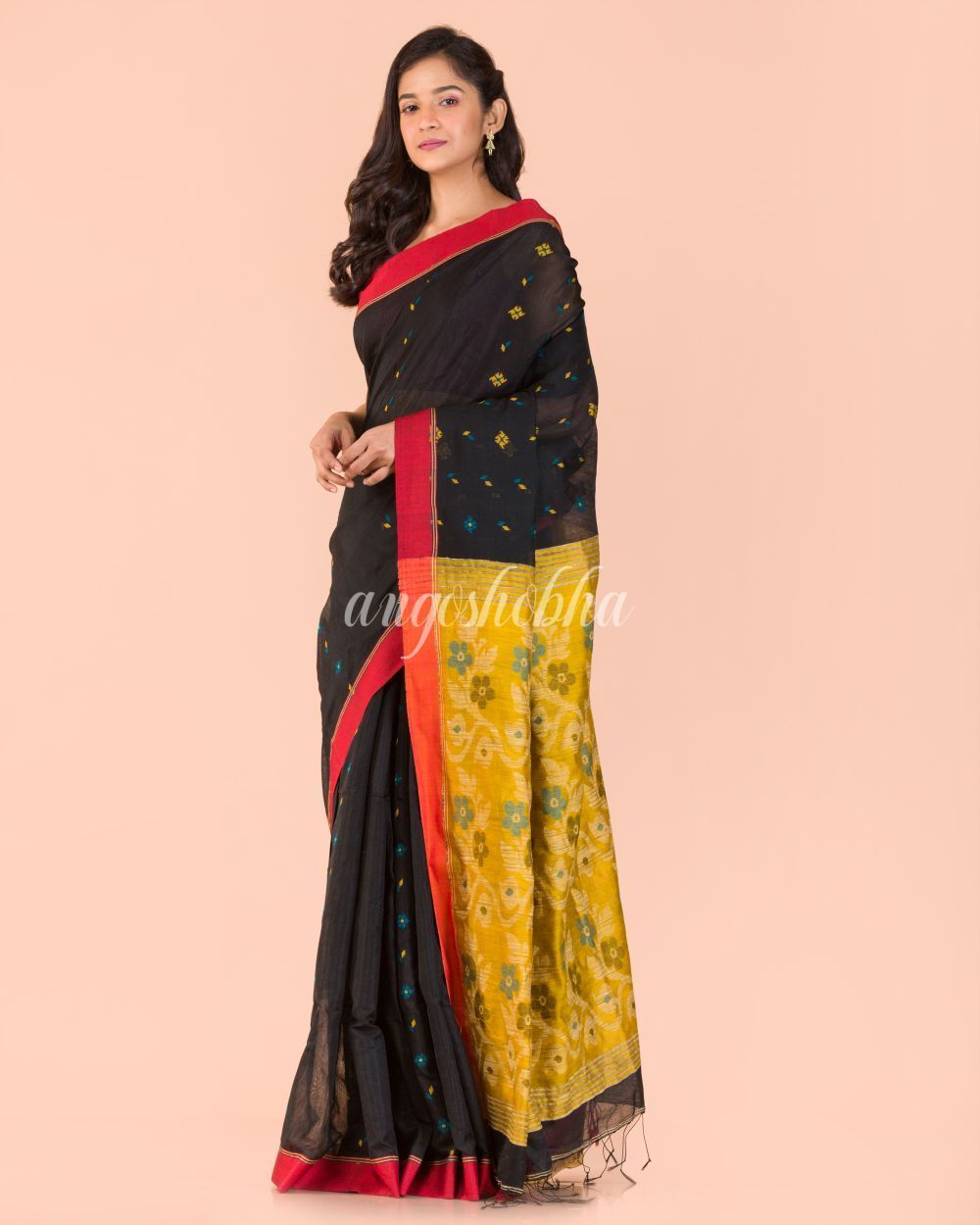 Women's Black Blended Cotton Jamdani Saree