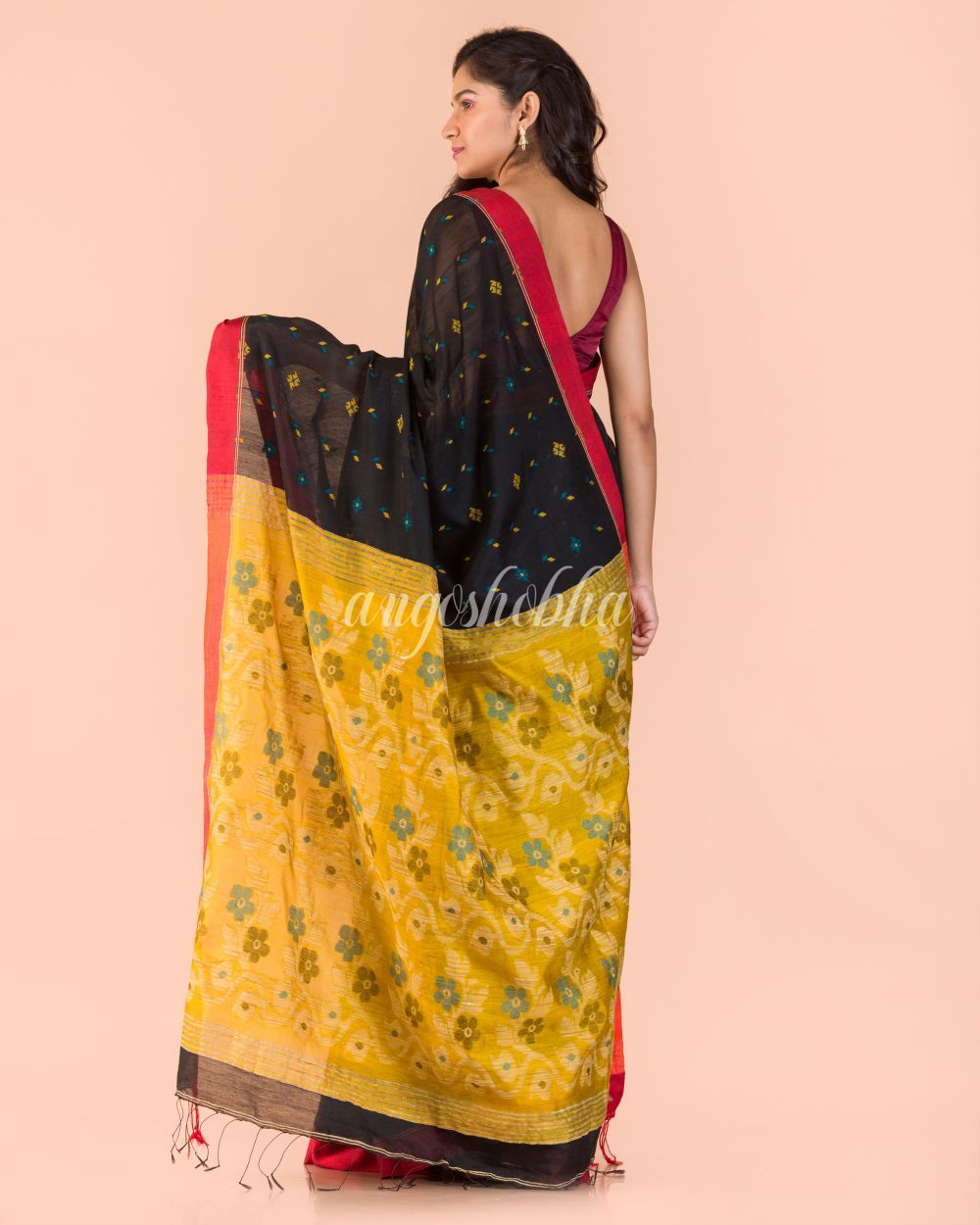 Women's Black Blended Cotton Jamdani Saree