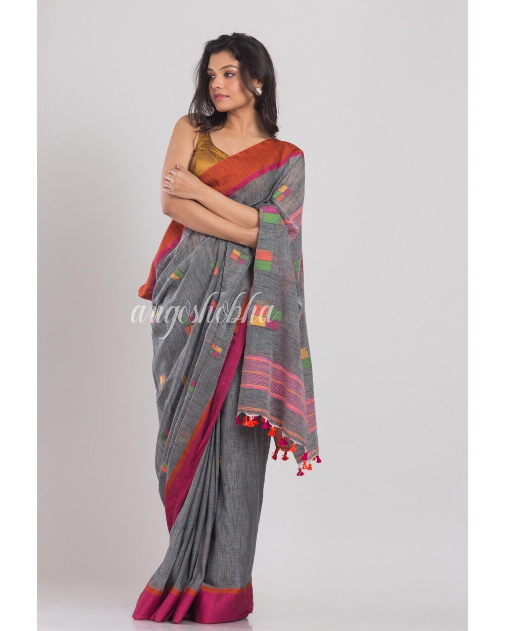 Women's Grey Cotton Jamdani Saree