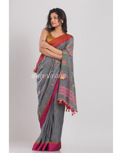 Women's Grey Cotton Jamdani Saree