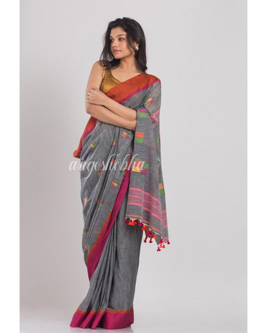 Women's Grey Cotton Jamdani Saree