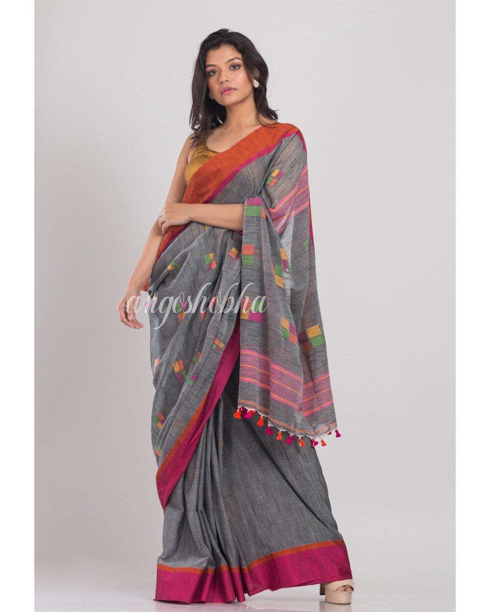 Women's Grey Cotton Jamdani Saree