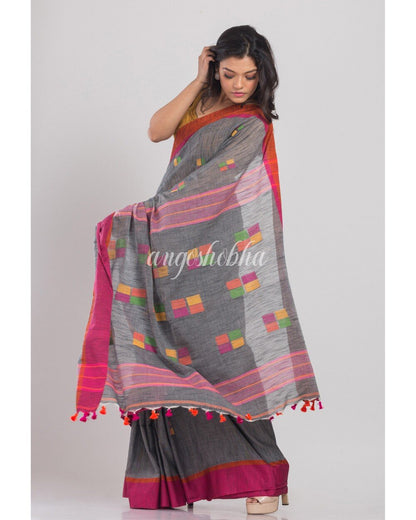 Women's Grey Cotton Jamdani Saree