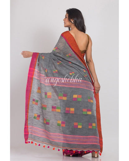 Women's Grey Cotton Jamdani Saree