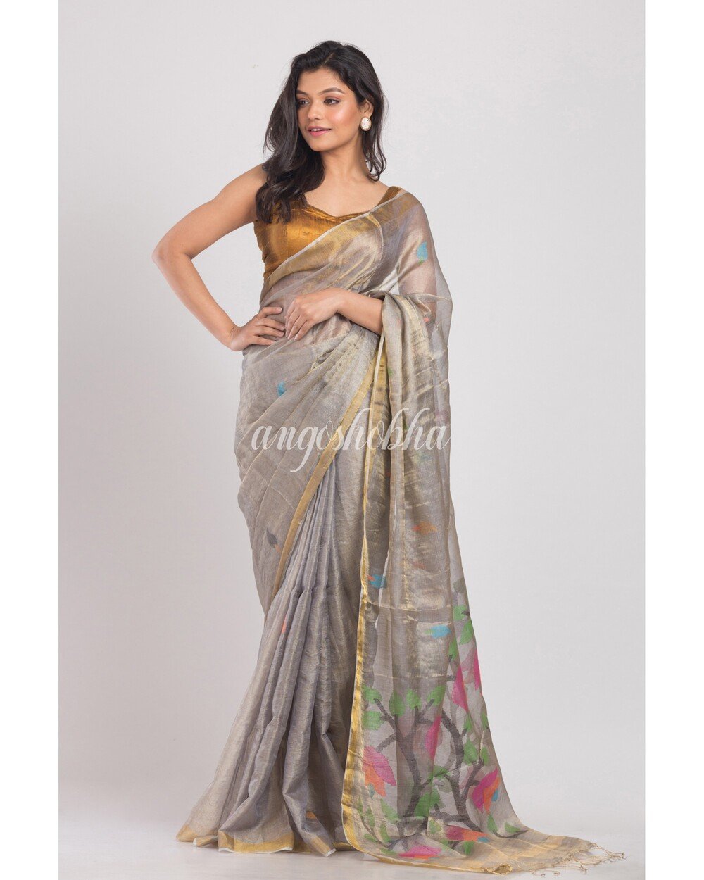 Women's Silver Grey Tussar Silk Jamdani Saree