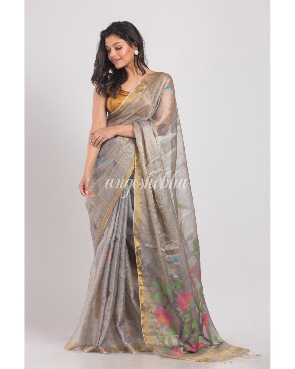 Women's Silver Grey Tussar Silk Jamdani Saree