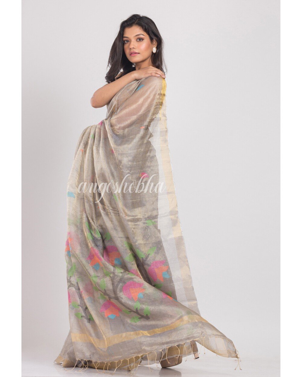Women's Silver Grey Tussar Silk Jamdani Saree