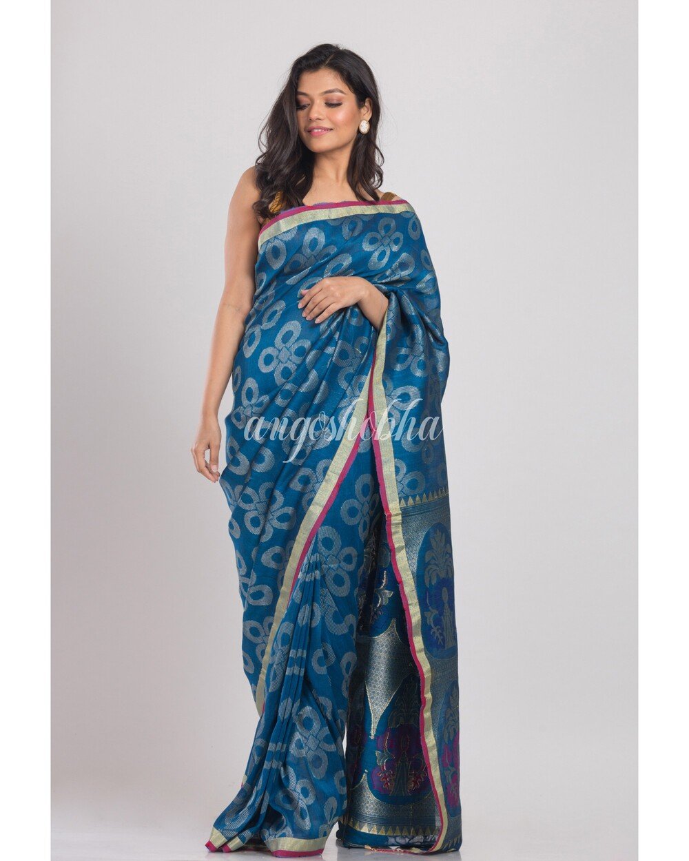 Women's Blue Handwoven Linen Saree
