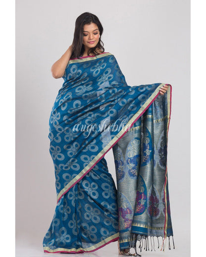 Women's Blue Handwoven Linen Saree