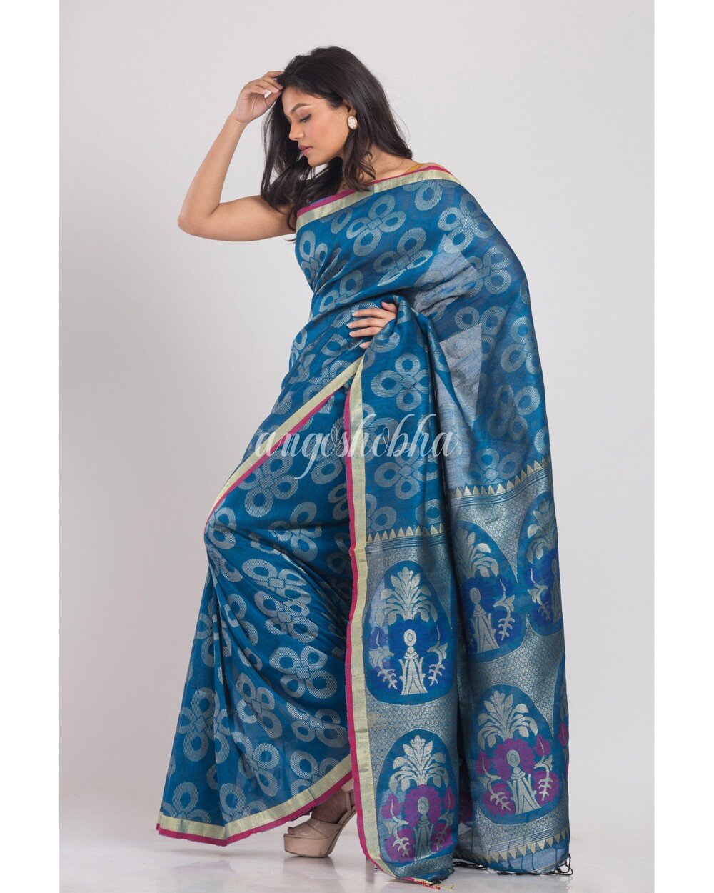 Women's Blue Handwoven Linen Saree