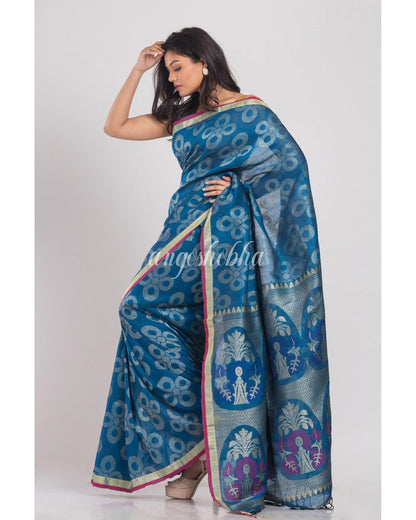 Women's Blue Handwoven Linen Saree