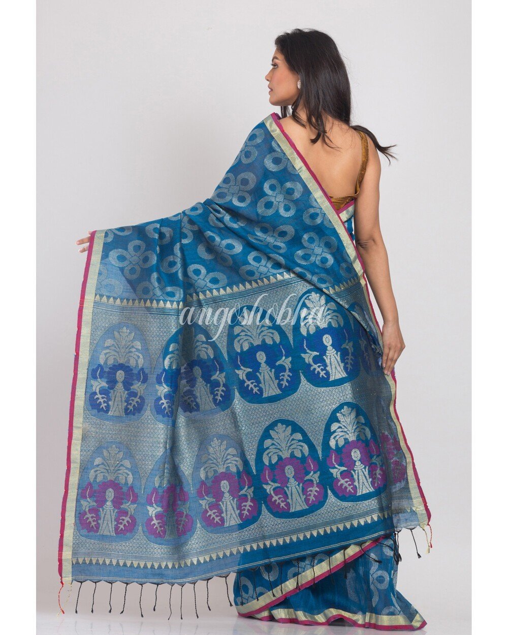 Women's Blue Handwoven Linen Saree