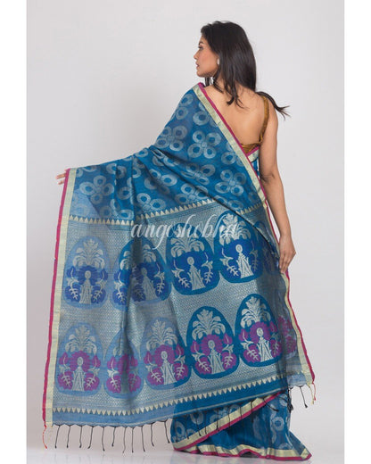 Women's Blue Handwoven Linen Saree