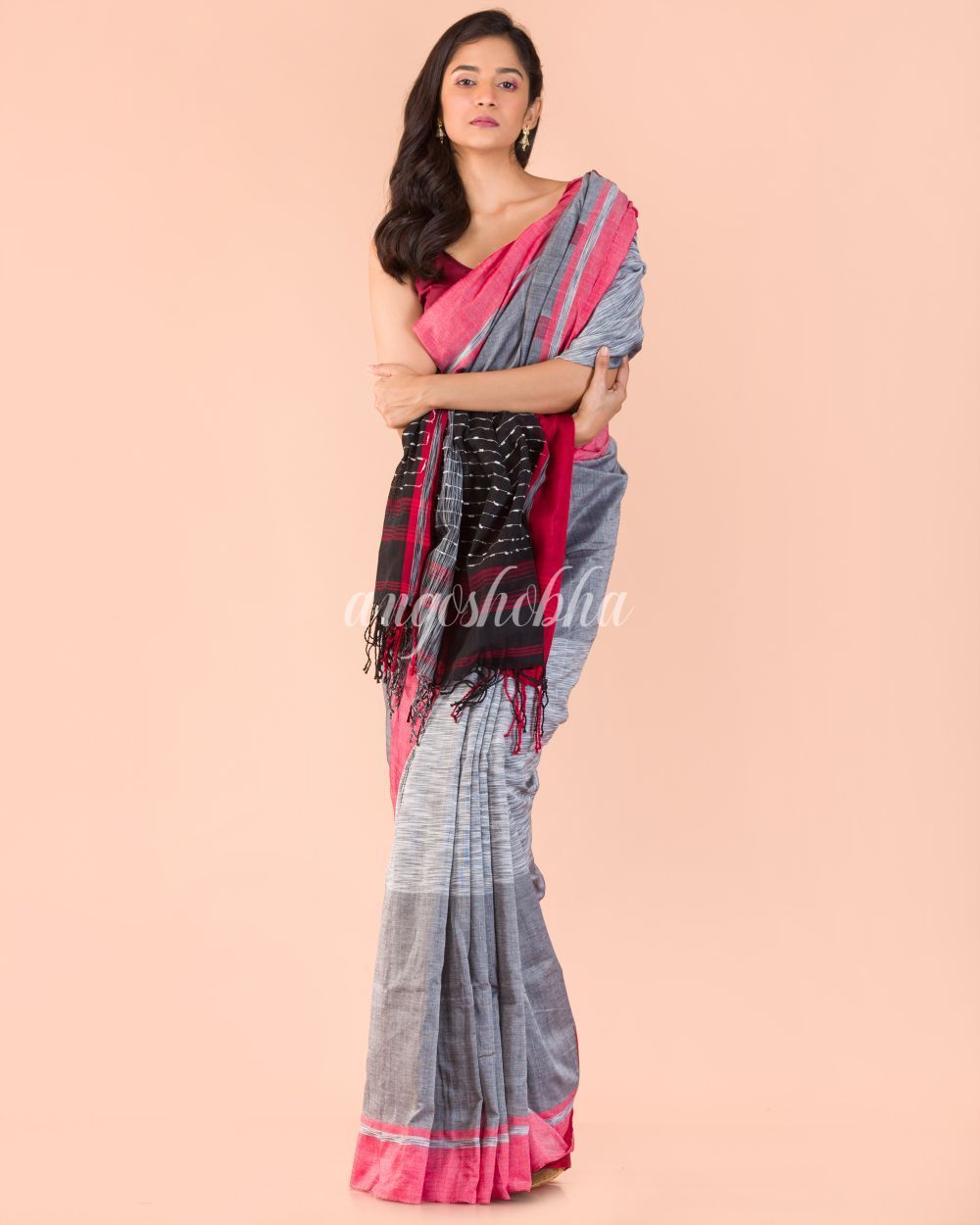 Women's Silver Grey Handwoven Cotton Saree