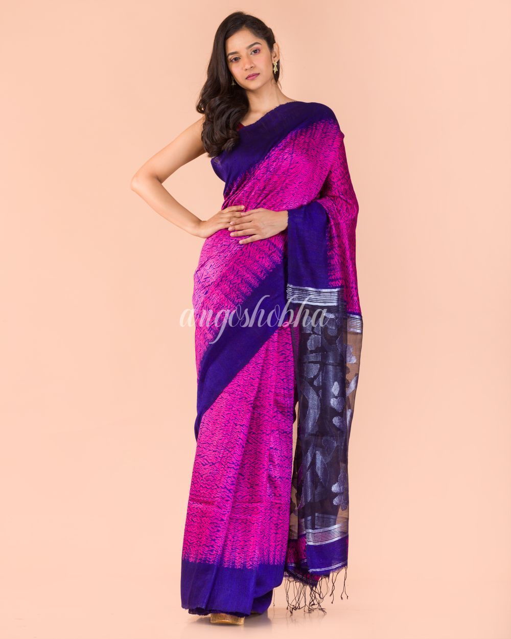 Women's Rani Pink Matka Silk Jamdani Saree
