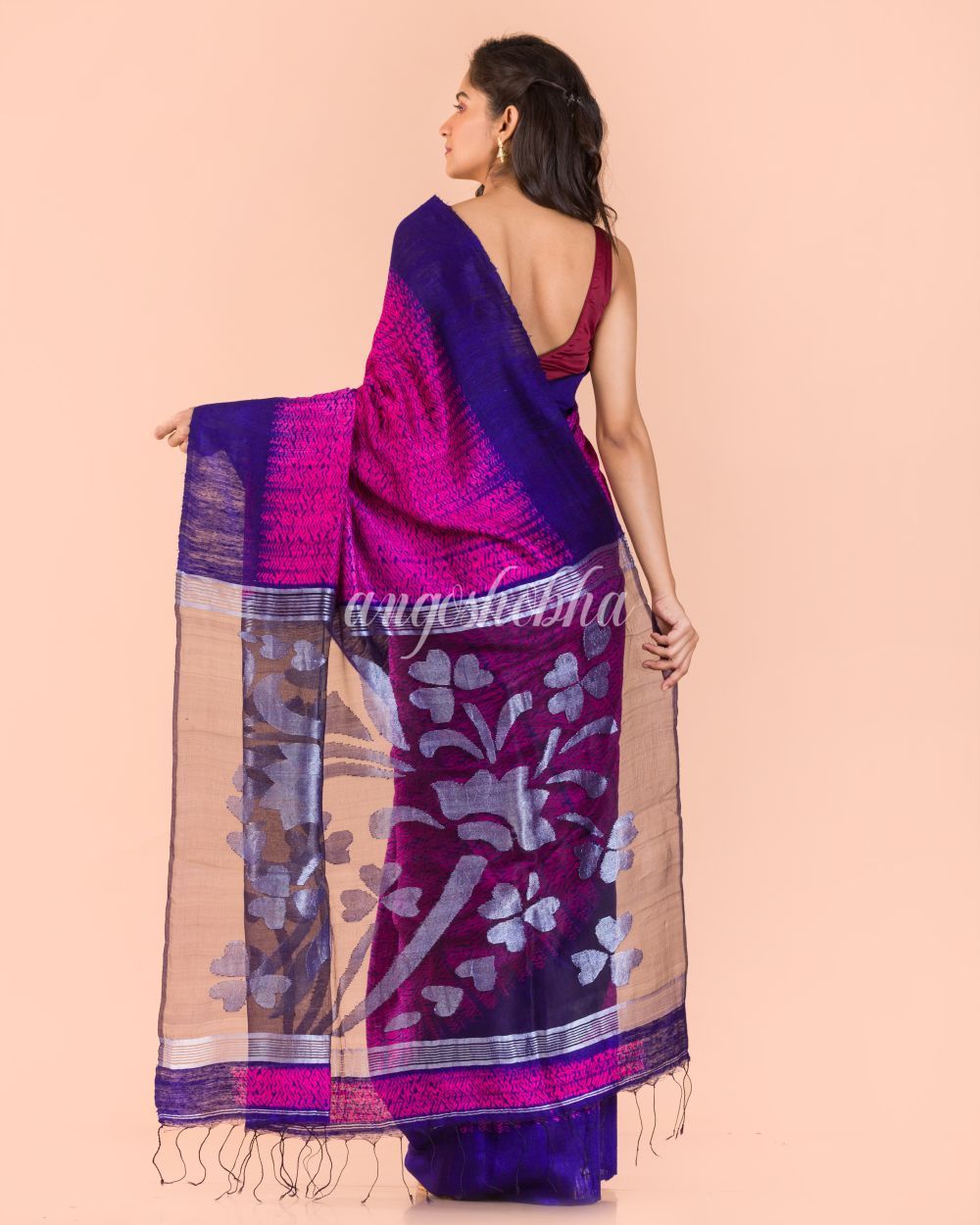 Women's Rani Pink Matka Silk Jamdani Saree