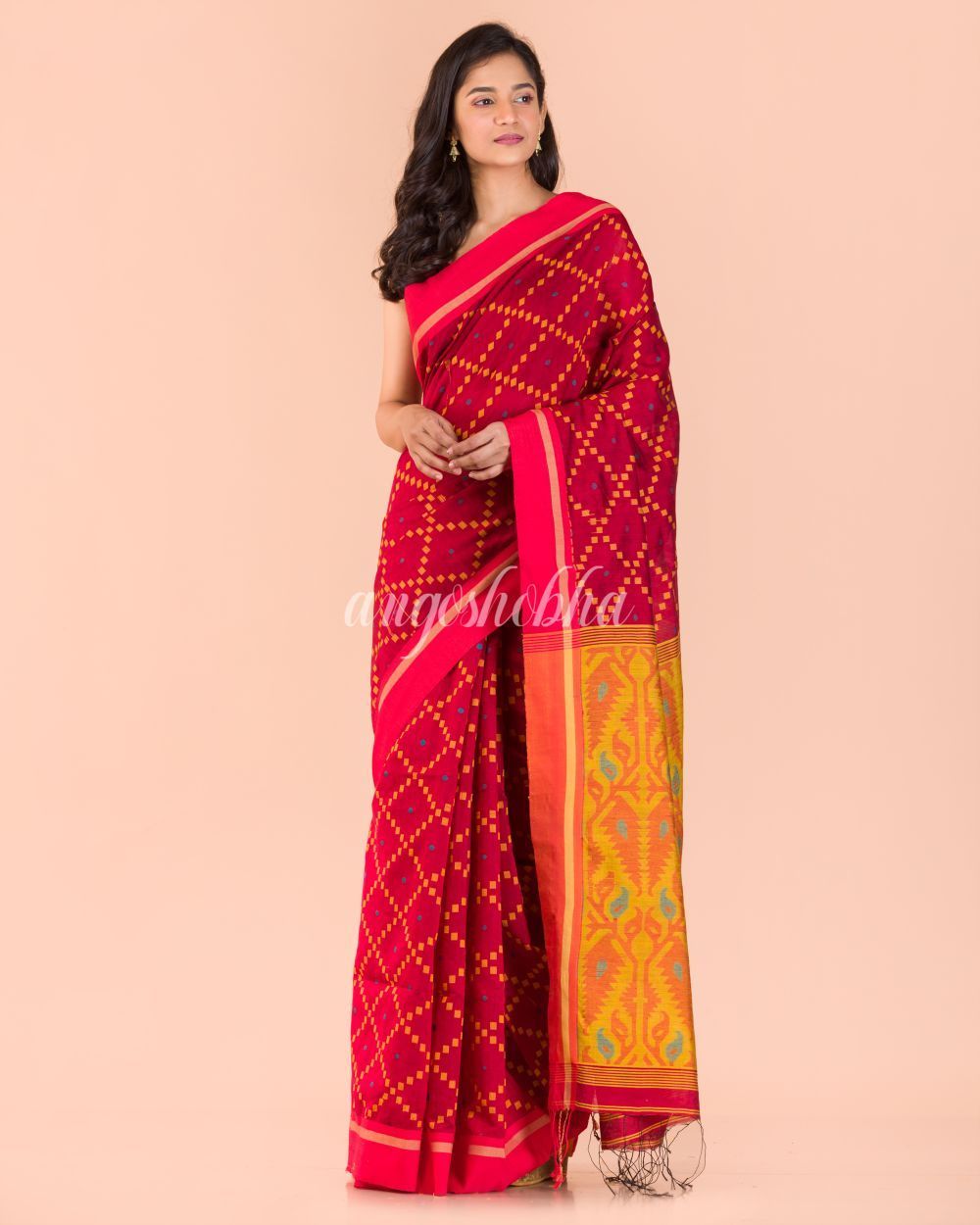 Women's Red Blended Cotton Jecquard Jamdani Saree