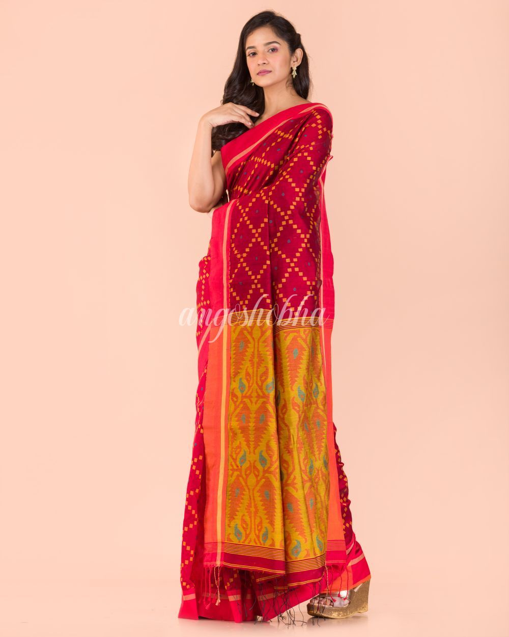 Women's Red Blended Cotton Jecquard Jamdani Saree
