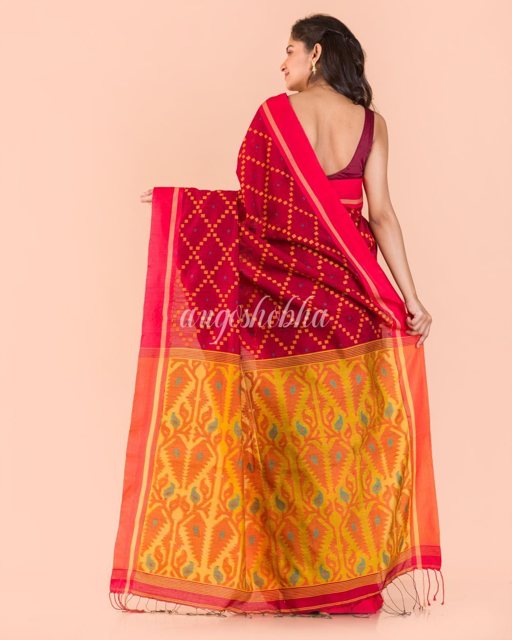 Women's Red Blended Cotton Jecquard Jamdani Saree