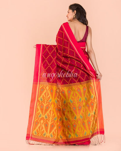 Women's Red Blended Cotton Jecquard Jamdani Saree