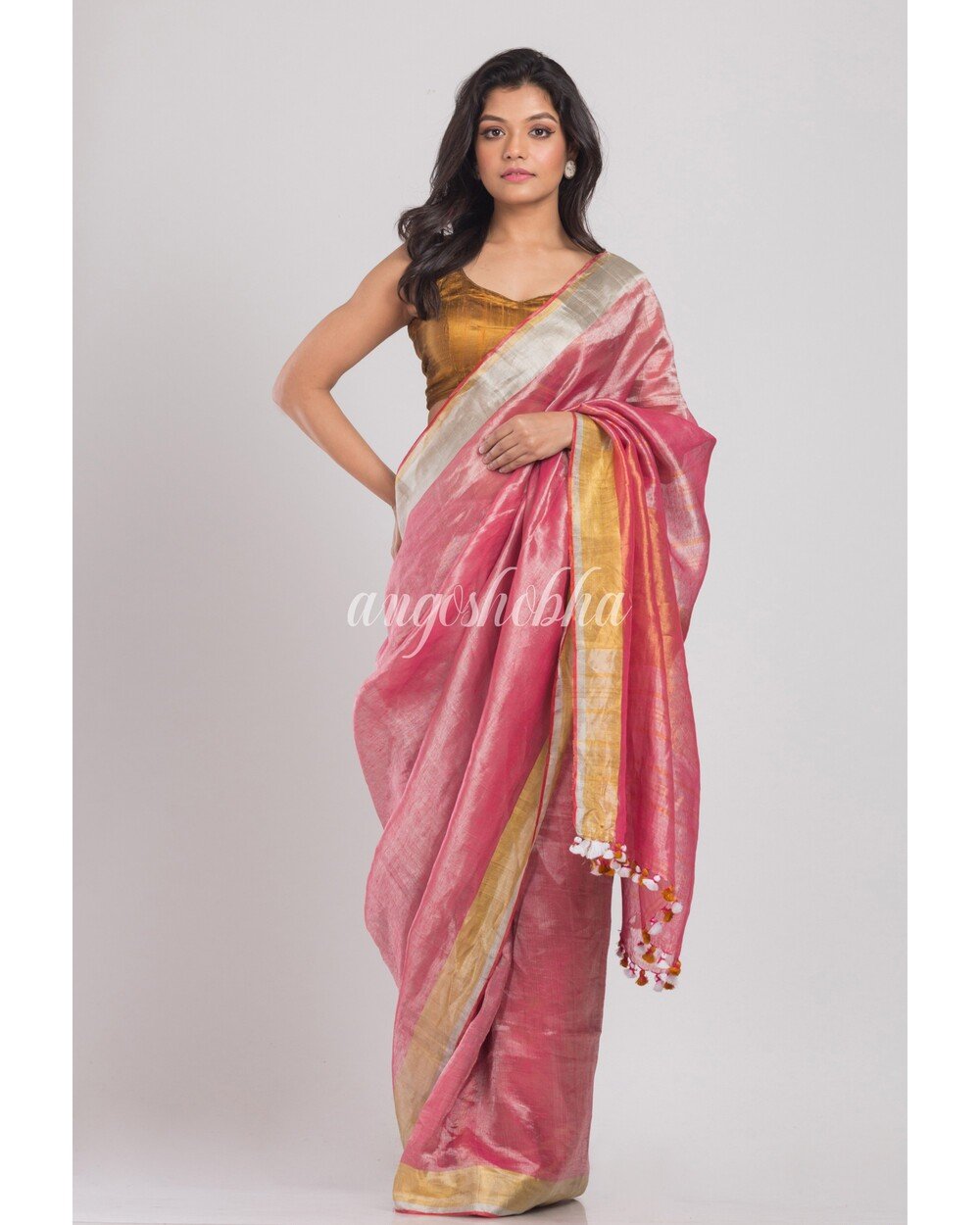Women's Peach Handwoven Linen Tissue Saree