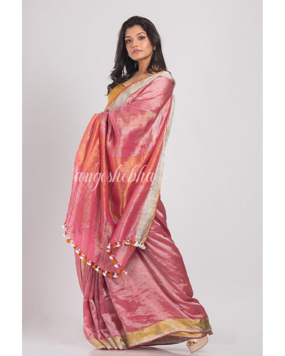 Women's Peach Handwoven Linen Tissue Saree