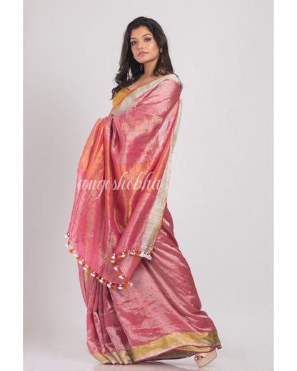 Women's Peach Handwoven Linen Tissue Saree