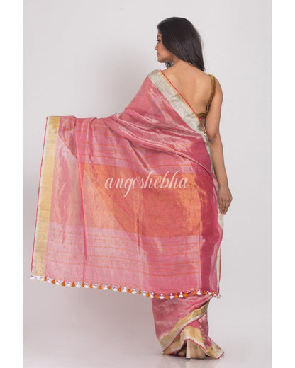 Women's Peach Handwoven Linen Tissue Saree