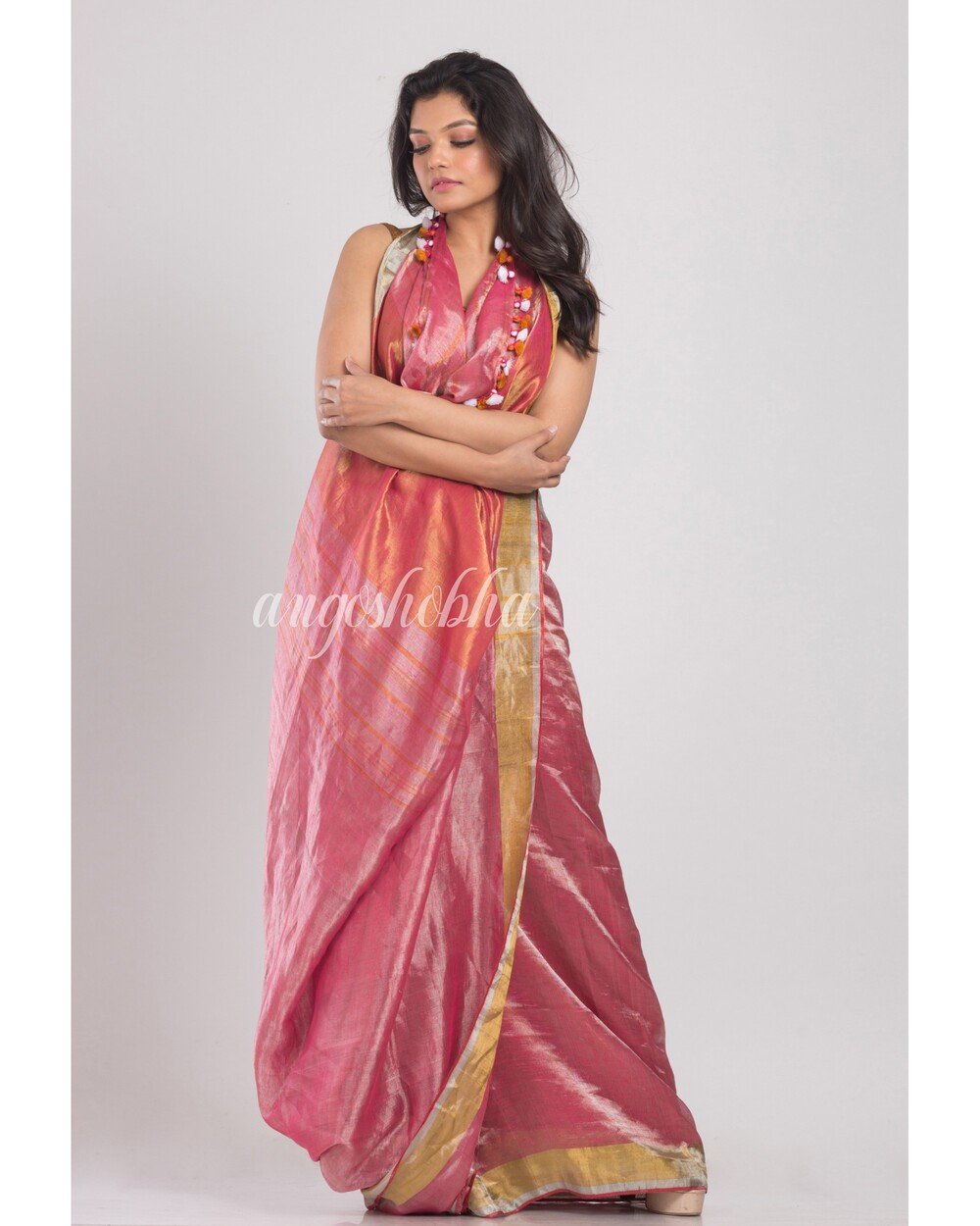 Women's Peach Handwoven Linen Tissue Saree