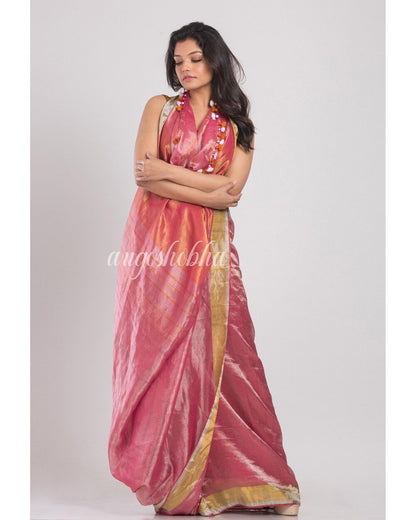 Women's Peach Handwoven Linen Tissue Saree