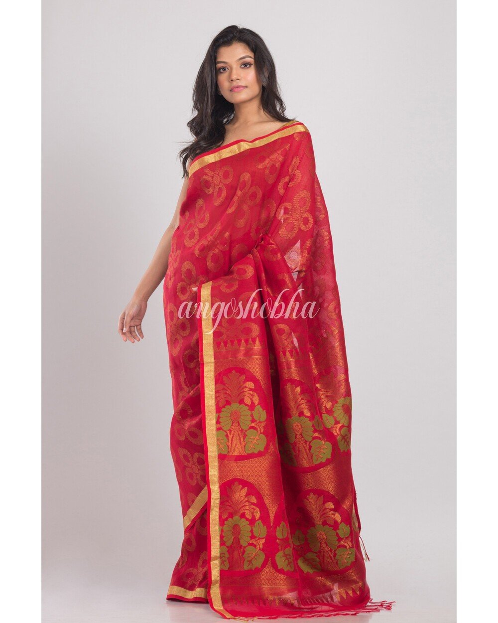 Women's Red Handwoven Linen Saree