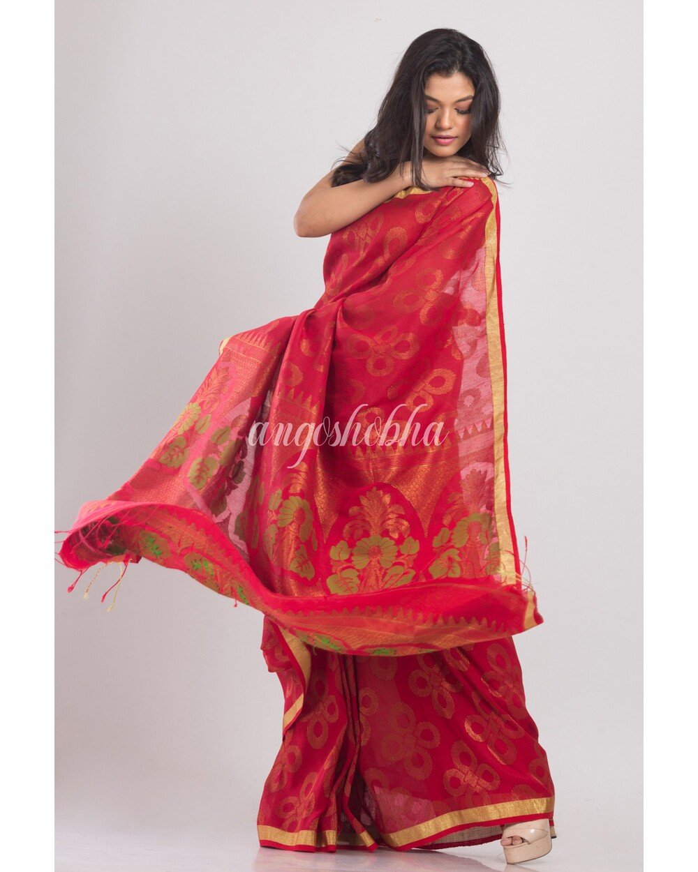 Women's Red Handwoven Linen Saree