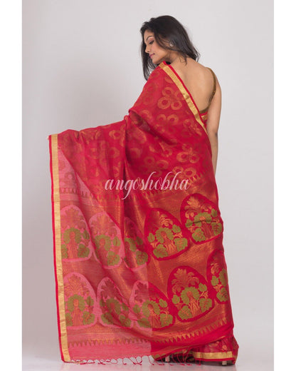 Women's Red Handwoven Linen Saree