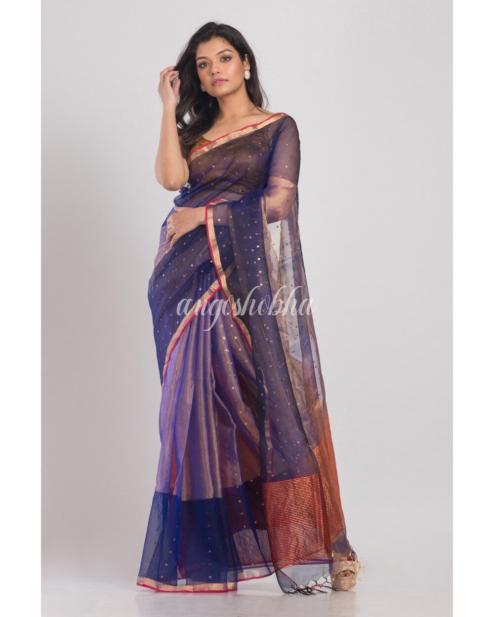 Women's Blue Sequins Handwoven Silk Saree